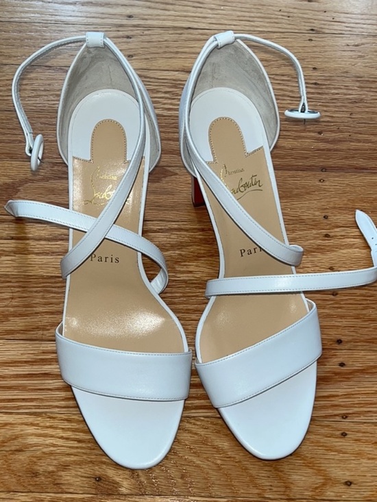 Christian Louboutin Shoes - Christian Louboutin White Strappy Block Heel Sandals with Signature Red Sole